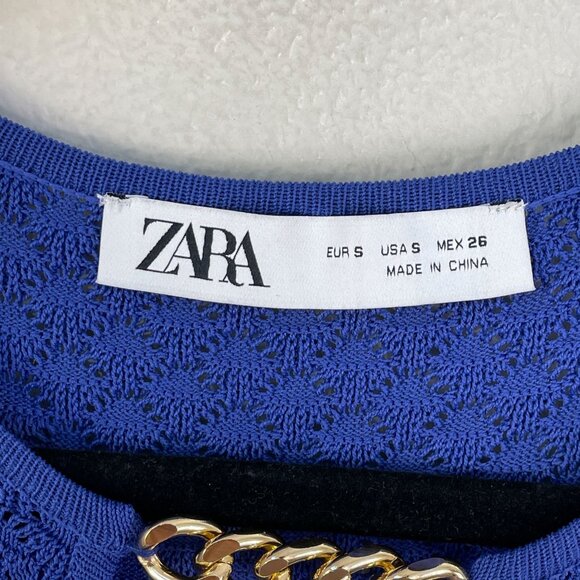 Zara Womens Small Blue Sheer Pointelle Knit Chain Midi Dress Short Sleeve - Picture 5 of 9